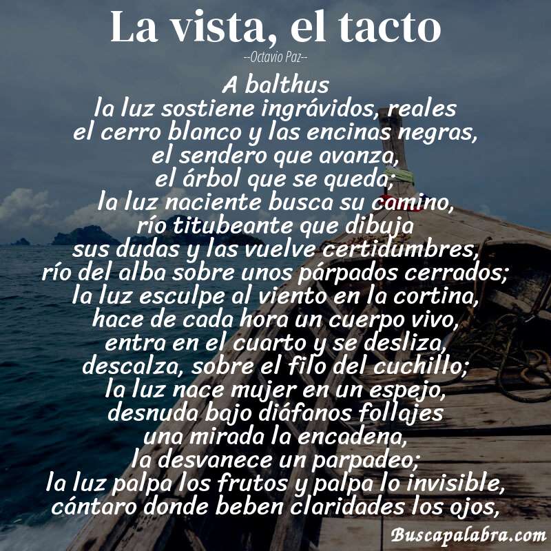 Poema la vista, el tacto de Octavio Paz con fondo de barca