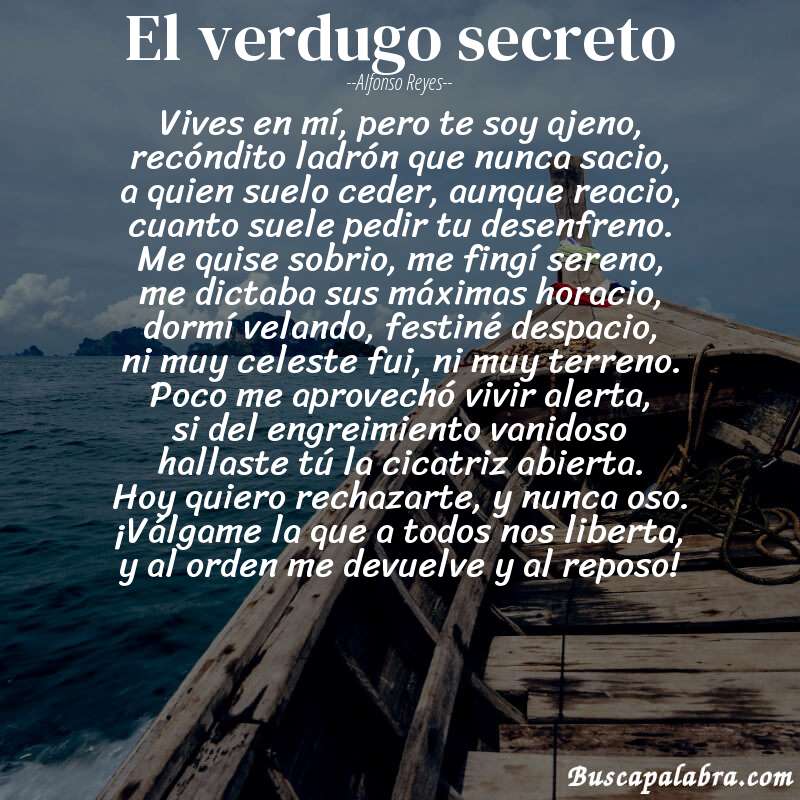 Poema el verdugo secreto de Alfonso Reyes con fondo de barca