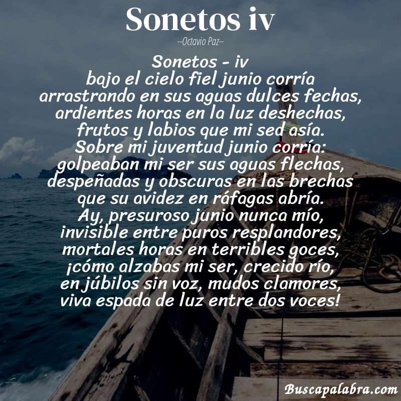 Poema sonetos iv de Octavio Paz con fondo de barca