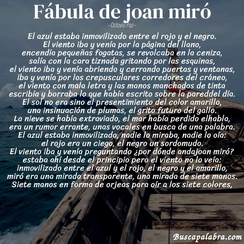 Poema fábula de joan miró de Octavio Paz con fondo de barca