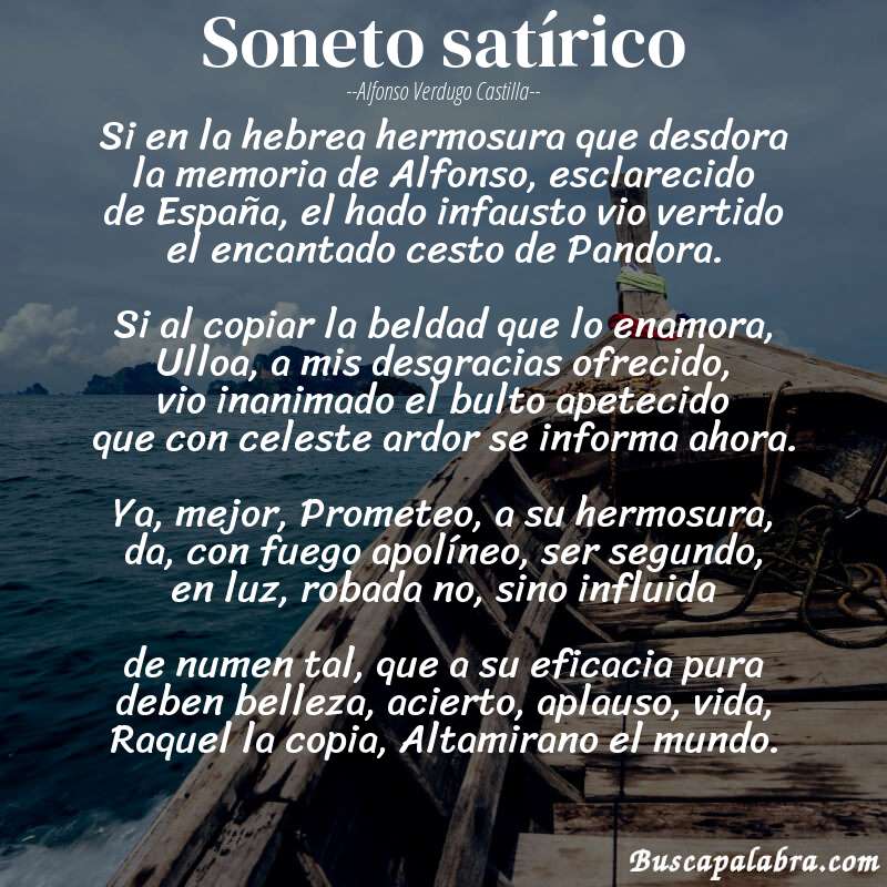 Poema Soneto satírico de Alfonso Verdugo Castilla con fondo de barca