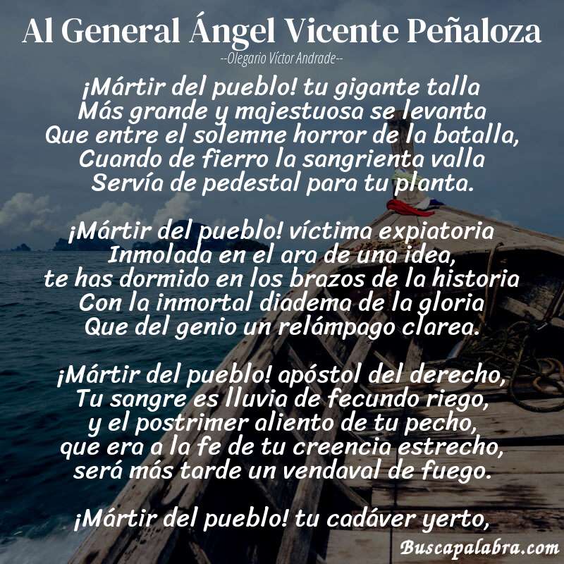 Poema Al General Ángel Vicente Peñaloza de Olegario Víctor Andrade con fondo de barca