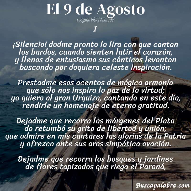 Poema El 9 de Agosto de Olegario Víctor Andrade con fondo de barca