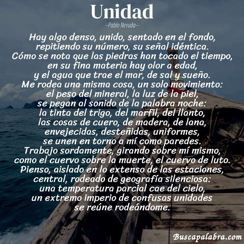 Poema unidad de Pablo Neruda con fondo de barca