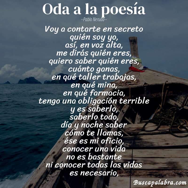 Poema oda a la poesía de Pablo Neruda con fondo de barca
