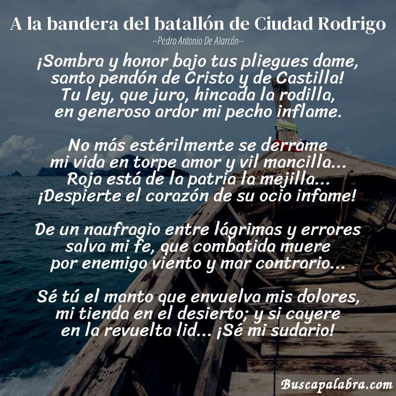 Poema A la bandera del batallón de Ciudad Rodrigo de Pedro Antonio de Alarcón con fondo de barca