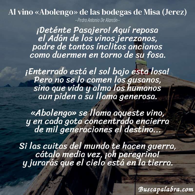 Poema Al vino «Abolengo» de las bodegas de Misa (Jerez) de Pedro Antonio de Alarcón con fondo de barca