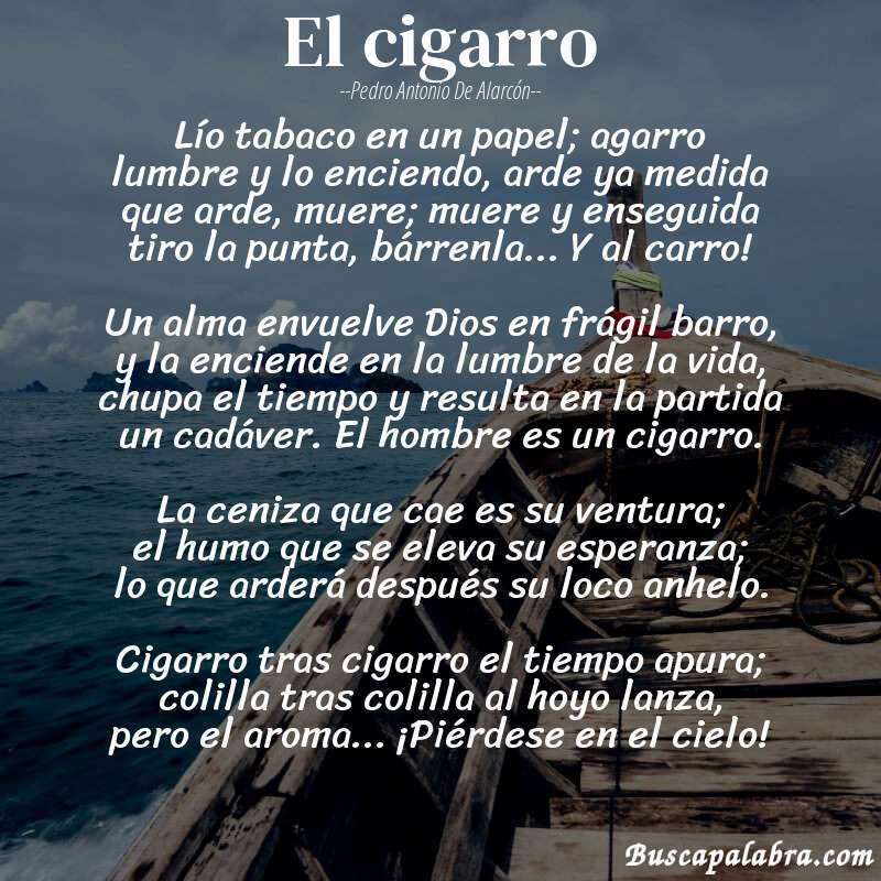 Poema El cigarro de Pedro Antonio de Alarcón con fondo de barca