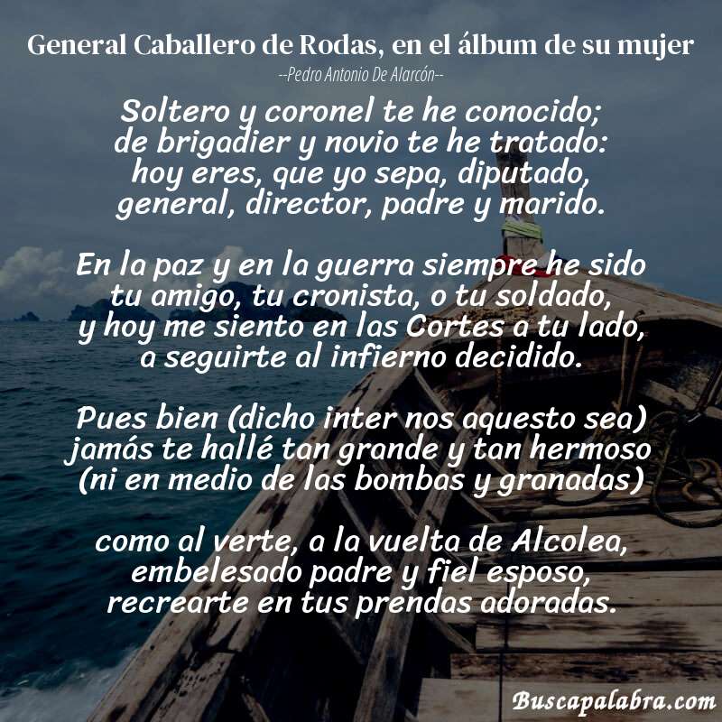 Poema General Caballero de Rodas, en el álbum de su mujer de Pedro Antonio de Alarcón con fondo de barca