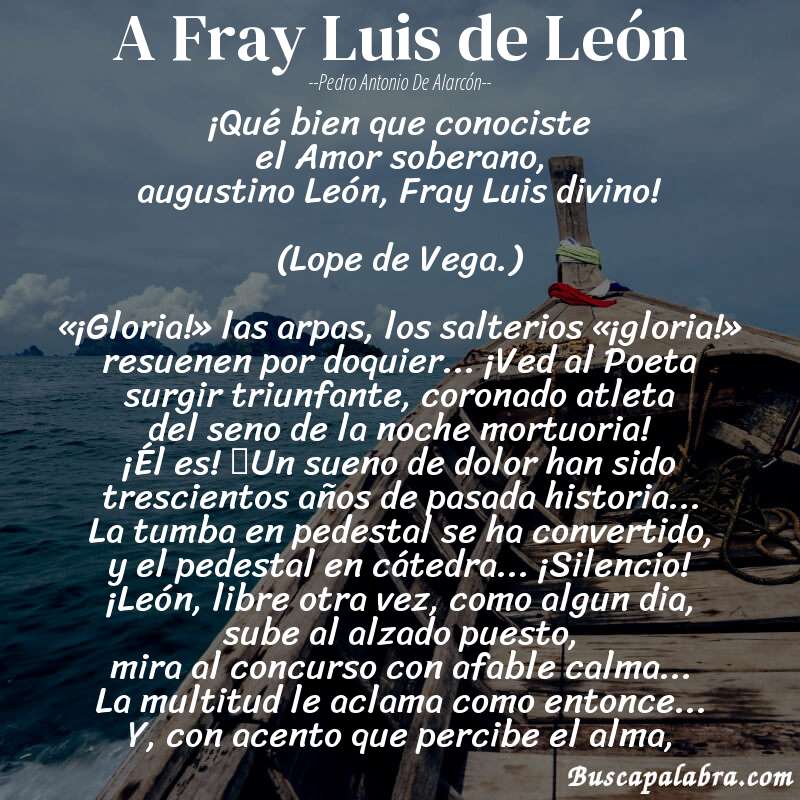 Poema A Fray Luis de León de Pedro Antonio de Alarcón con fondo de barca