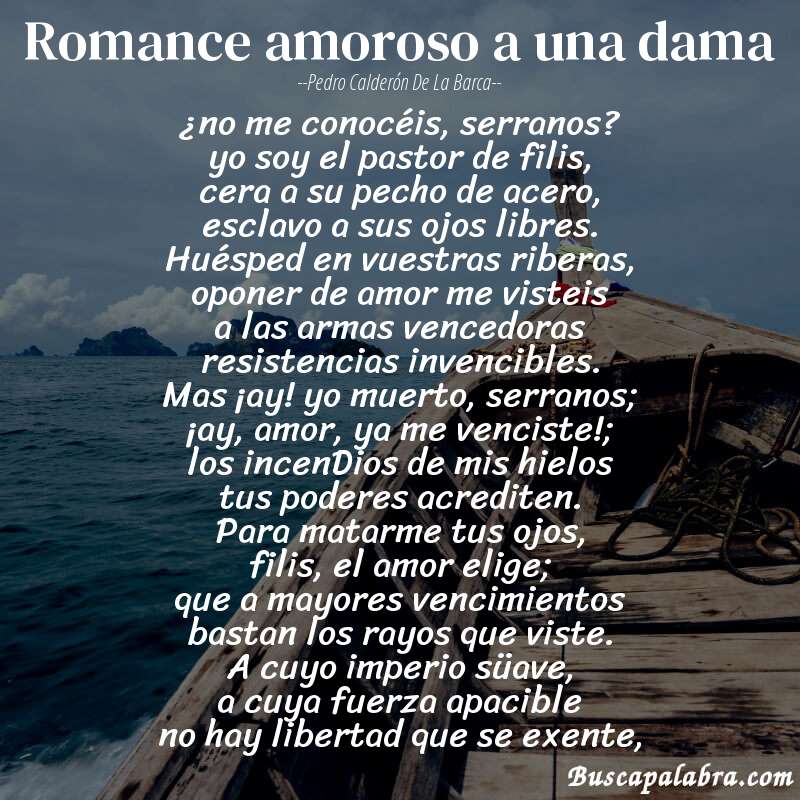 Poema romance amoroso a una dama de Pedro Calderón de la Barca con fondo de barca