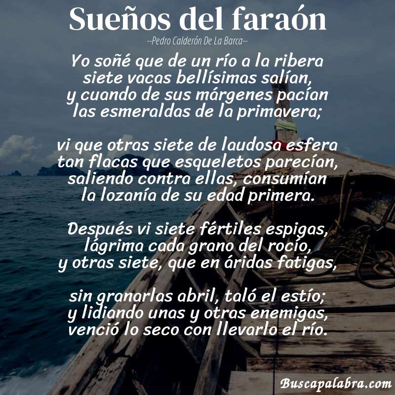 Poema Sueños del faraón de Pedro Calderón de la Barca con fondo de barca