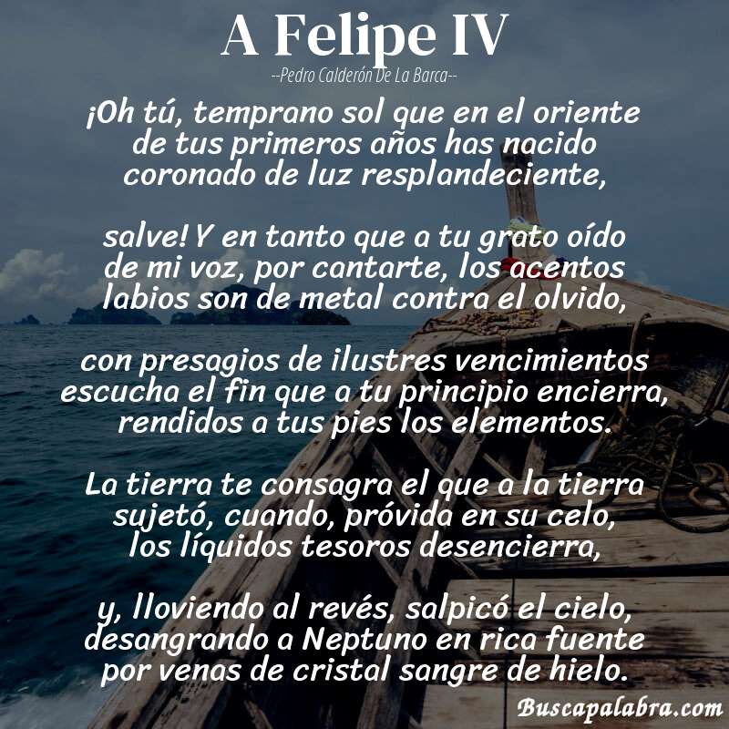Poema A Felipe IV de Pedro Calderón de la Barca con fondo de barca