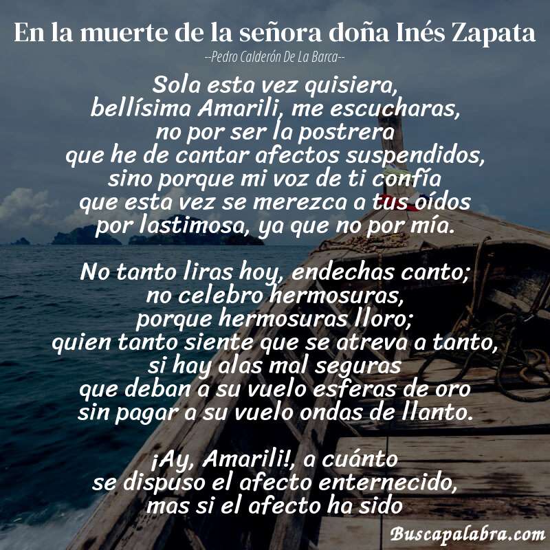 Poema En la muerte de la señora doña Inés Zapata de Pedro Calderón de la Barca con fondo de barca