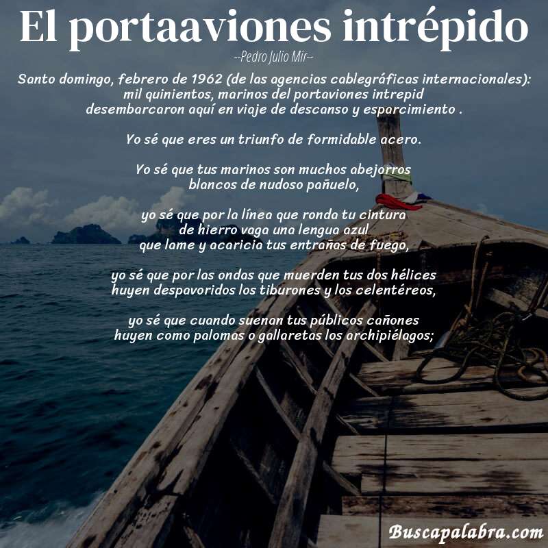 Poema el portaaviones intrépido de Pedro Julio Mir con fondo de barca