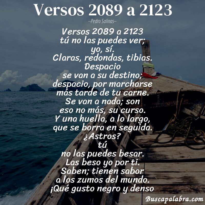 Poema versos 2089 a 2123 de Pedro Salinas con fondo de barca