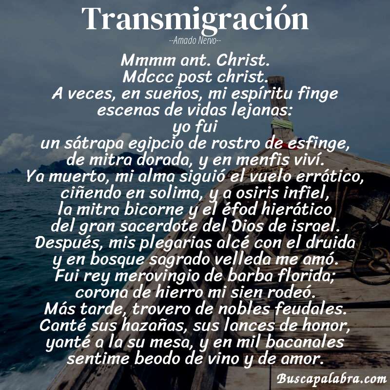 Poema transmigración de Amado Nervo con fondo de barca