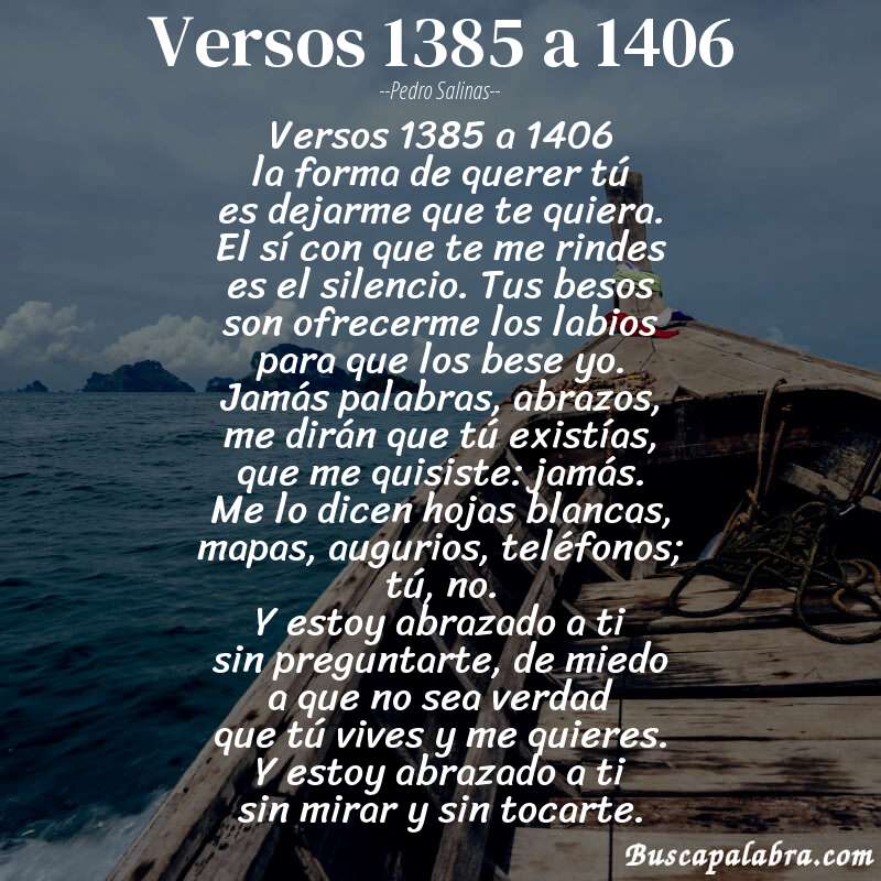 Poema versos 1385 a 1406 de Pedro Salinas con fondo de barca