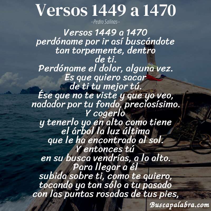 Poema versos 1449 a 1470 de Pedro Salinas con fondo de barca