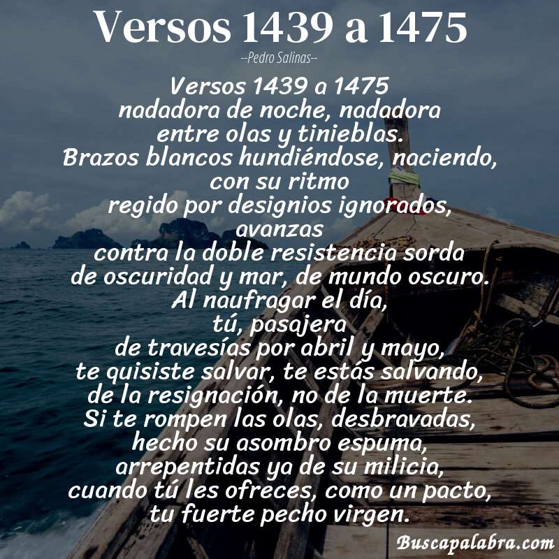 Poema versos 1439 a 1475 de Pedro Salinas con fondo de barca