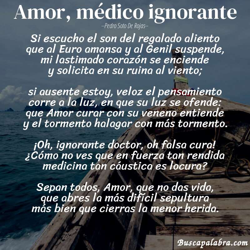 Poema Amor, médico ignorante de Pedro Soto de Rojas con fondo de barca