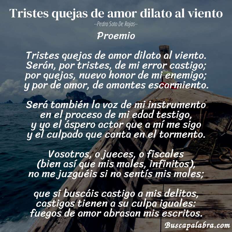 Poema Tristes quejas de amor dilato al viento de Pedro Soto de Rojas con fondo de barca