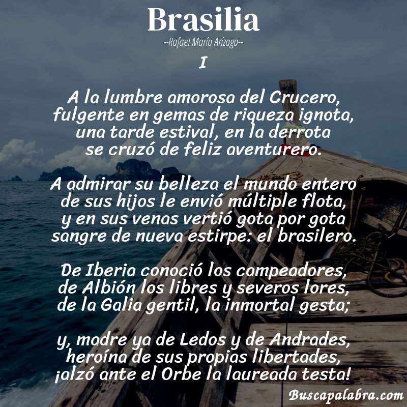 Poema Brasilia de Rafael María Arízaga con fondo de barca