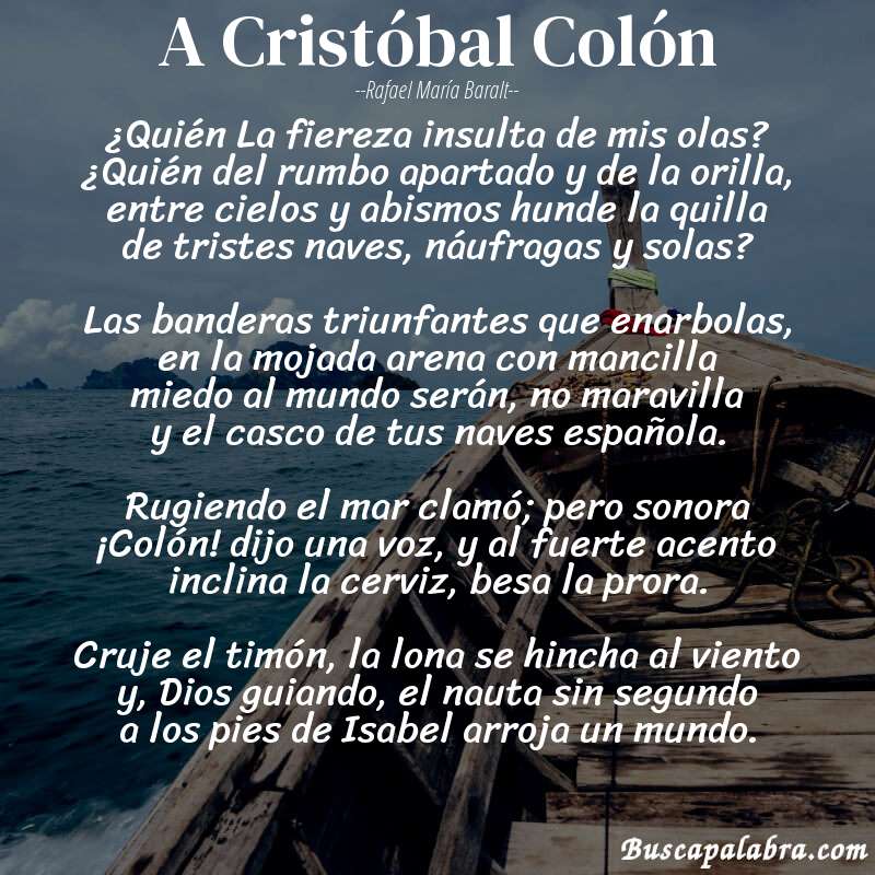 Poema A Cristóbal Colón de Rafael María Baralt con fondo de barca