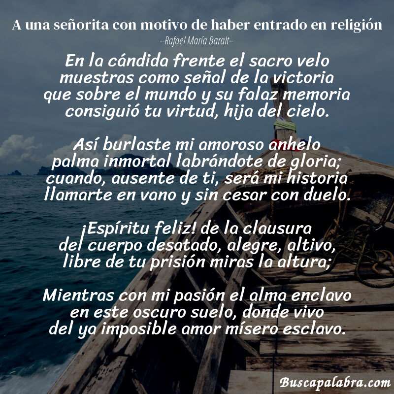 Poema A una señorita con motivo de haber entrado en religión de Rafael María Baralt con fondo de barca