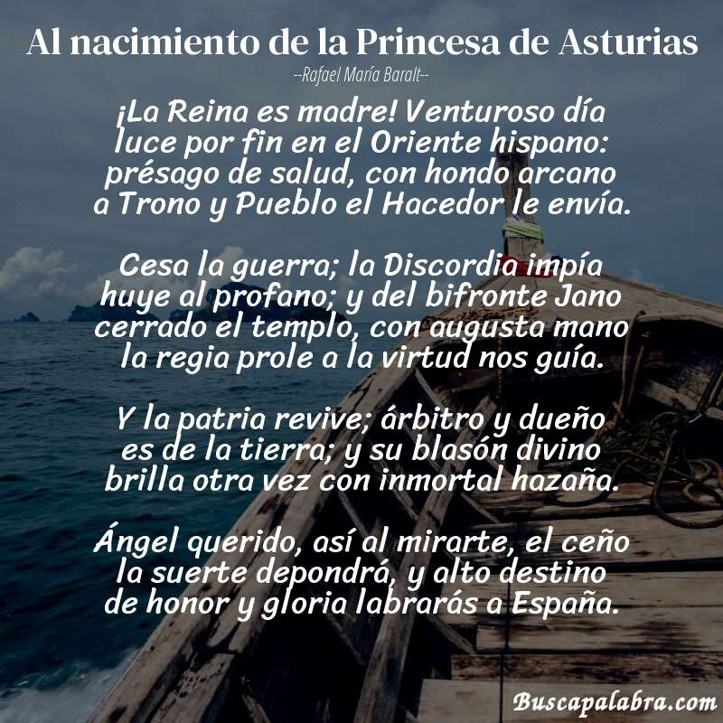 Poema Al nacimiento de la Princesa de Asturias de Rafael María Baralt con fondo de barca