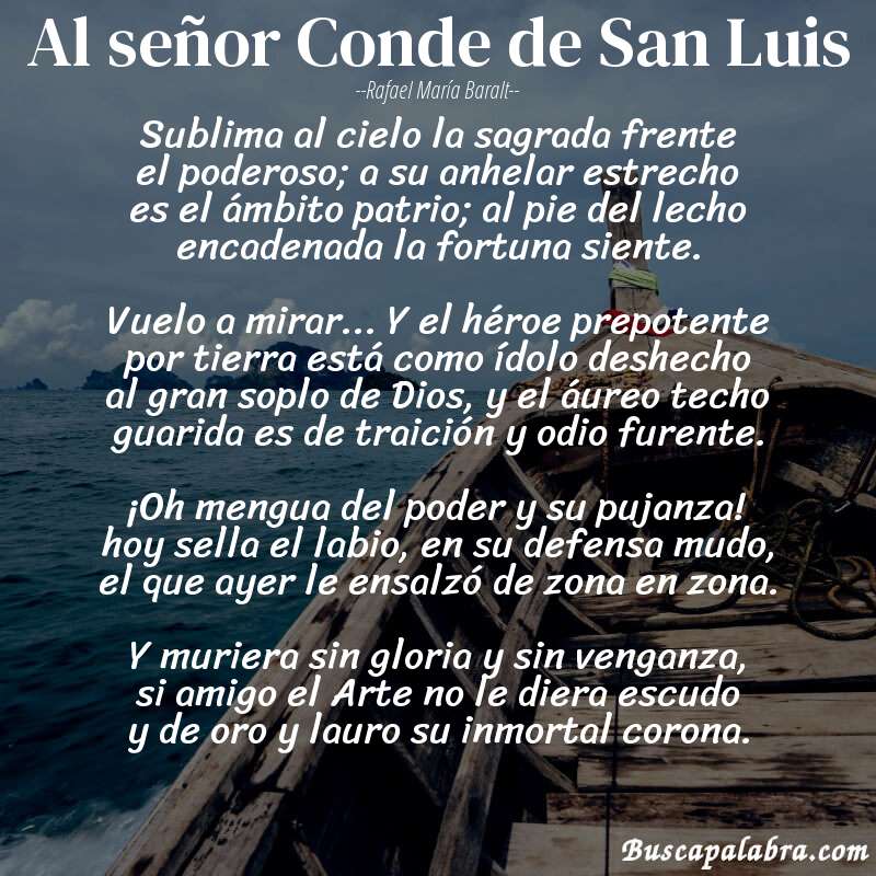 Poema Al señor Conde de San Luis de Rafael María Baralt con fondo de barca