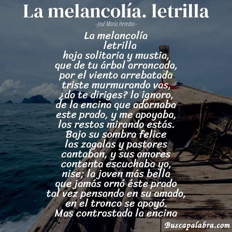 Poema la melancolía. letrilla de José María Heredia con fondo de barca