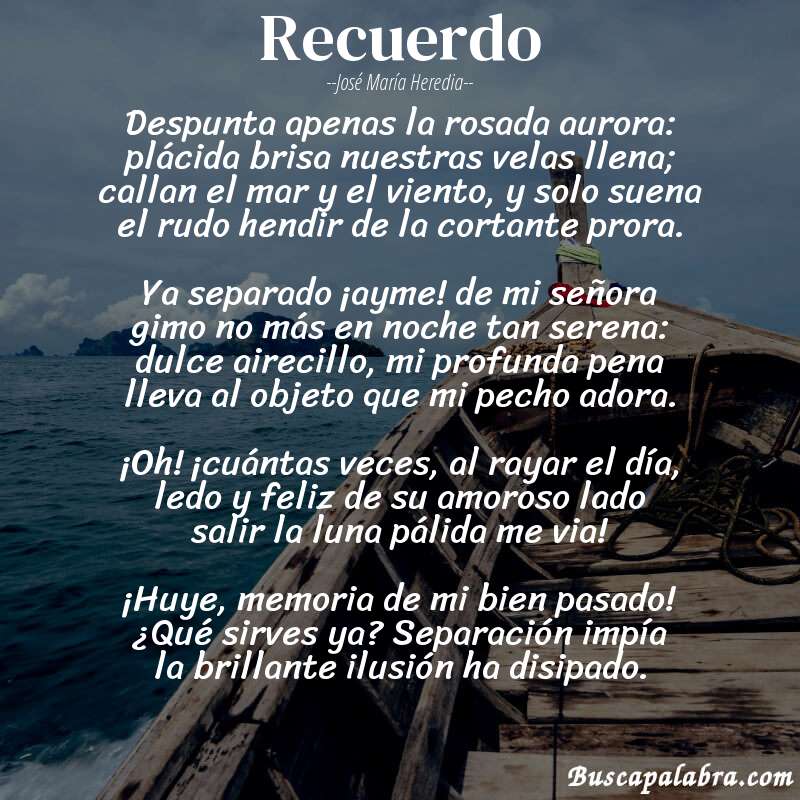 Poema Recuerdo de José María Heredia con fondo de barca