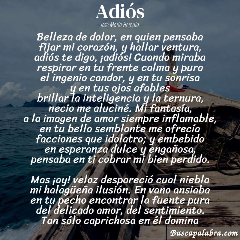Poema Adiós de José María Heredia con fondo de barca