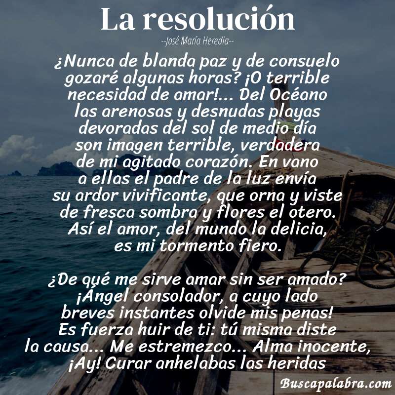 Poema La resolución de José María Heredia con fondo de barca