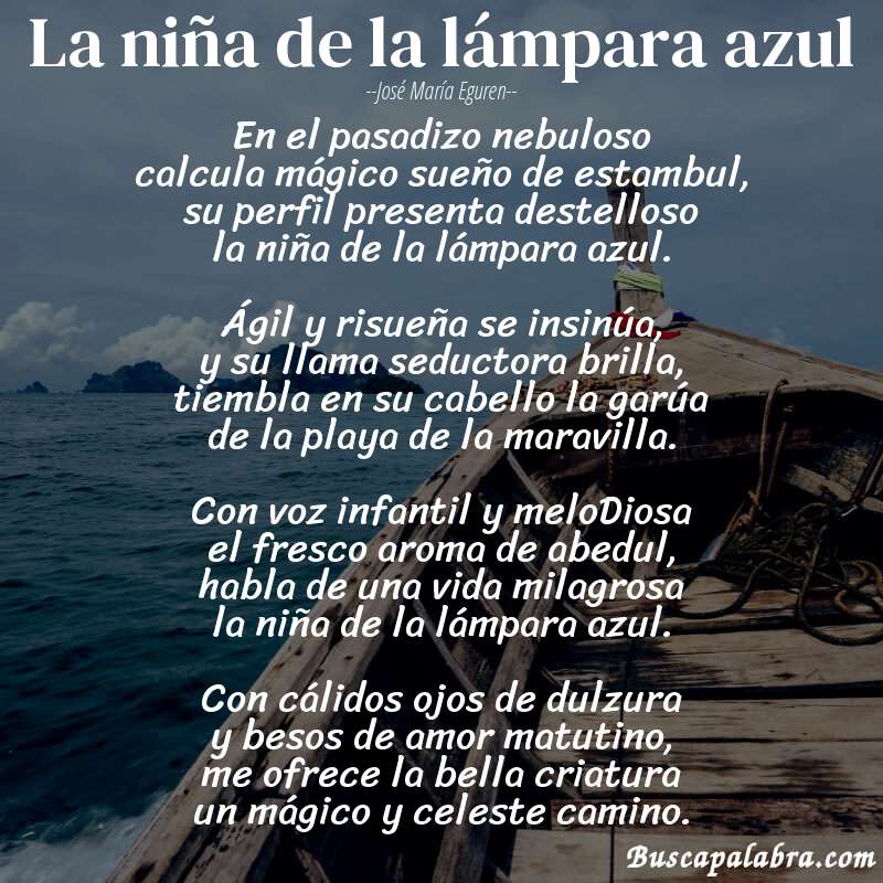 Poema la niña de la lámpara azul de José María Eguren con fondo de barca