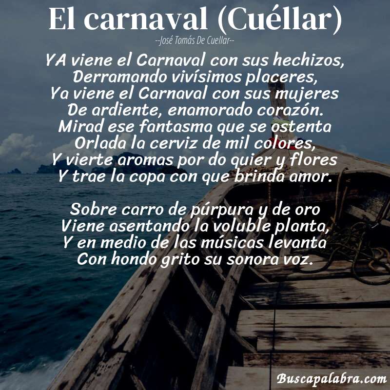 Poema El carnaval (Cuéllar) de José Tomás de Cuellar con fondo de barca
