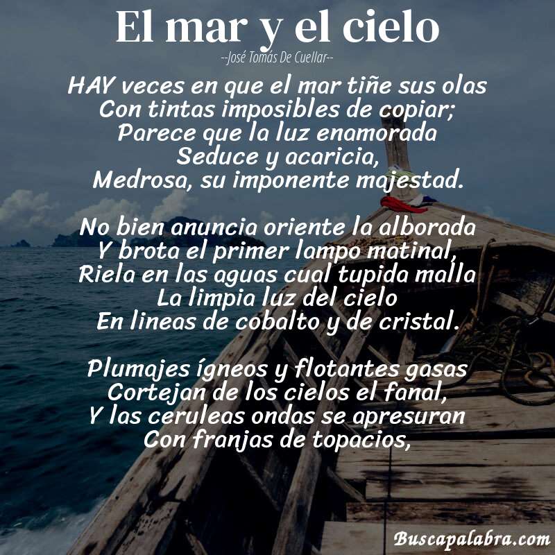 Poema El mar y el cielo de José Tomás de Cuellar con fondo de barca