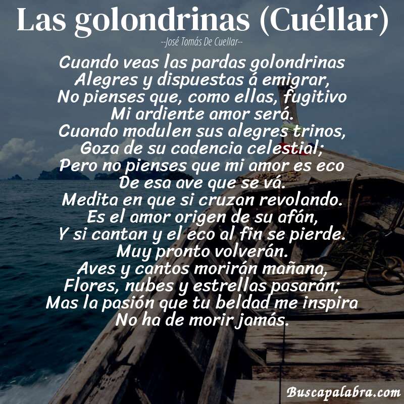 Poema Las golondrinas (Cuéllar) de José Tomás de Cuellar con fondo de barca