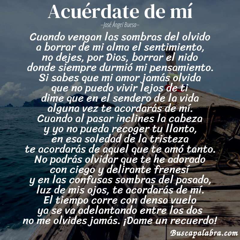 Poema acuérdate de mí de José Ángel Buesa con fondo de barca