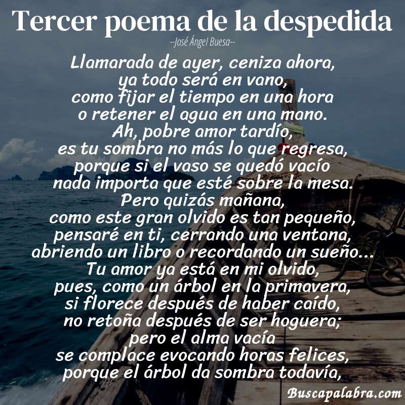 Poema tercer poema de la despedida de José Ángel Buesa con fondo de barca
