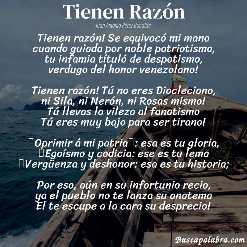 Poema Tienen Razón de Juan Antonio Pérez Bonalde con fondo de barca