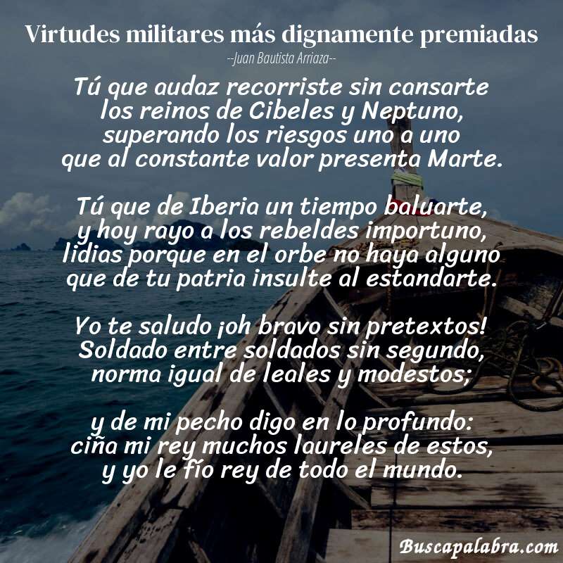 Poema Virtudes militares más dignamente premiadas de Juan Bautista Arriaza con fondo de barca