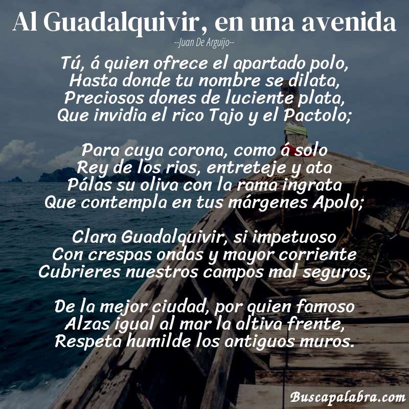 Poema Al Guadalquivir, en una avenida de Juan de Arguijo con fondo de barca