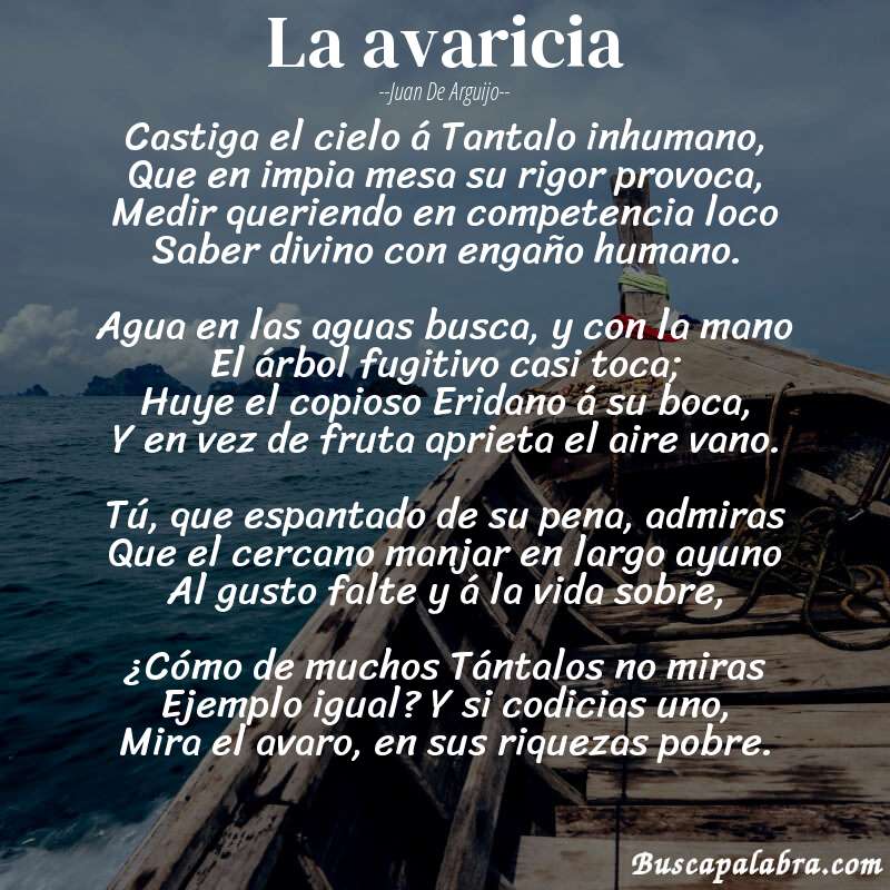 Poema La avaricia de Juan de Arguijo con fondo de barca
