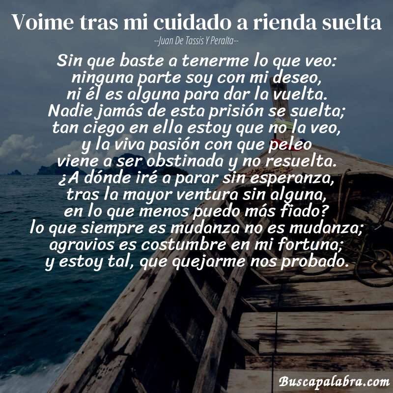 Poema voime tras mi cuidado a rienda suelta de Juan de Tassis y Peralta con fondo de barca