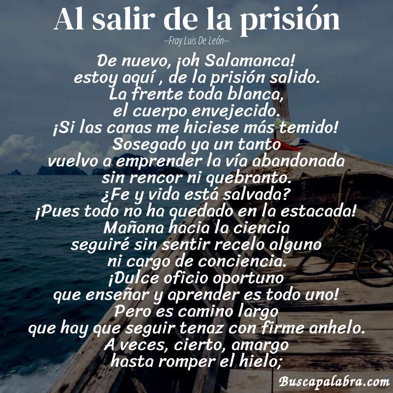 Poema Al salir de la prisión de Fray Luis de León con fondo de barca