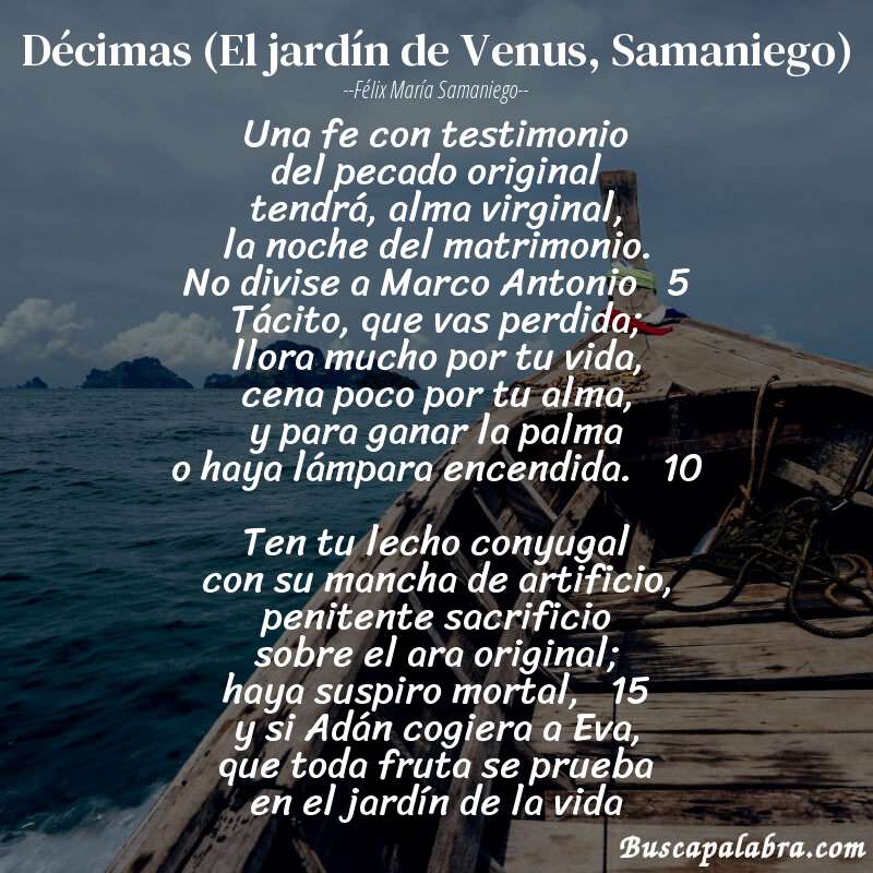 Poema Décimas (El jardín de Venus, Samaniego) de Félix María Samaniego con fondo de barca