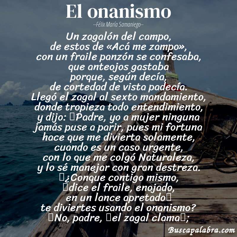 Poema El onanismo de Félix María Samaniego con fondo de barca