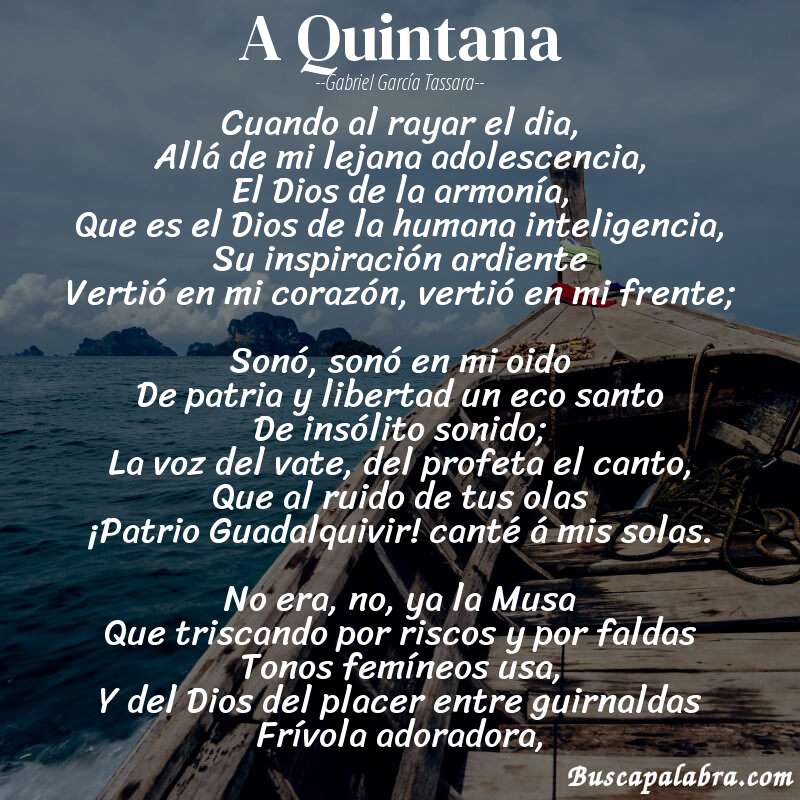 Poema A Quintana de Gabriel García Tassara con fondo de barca